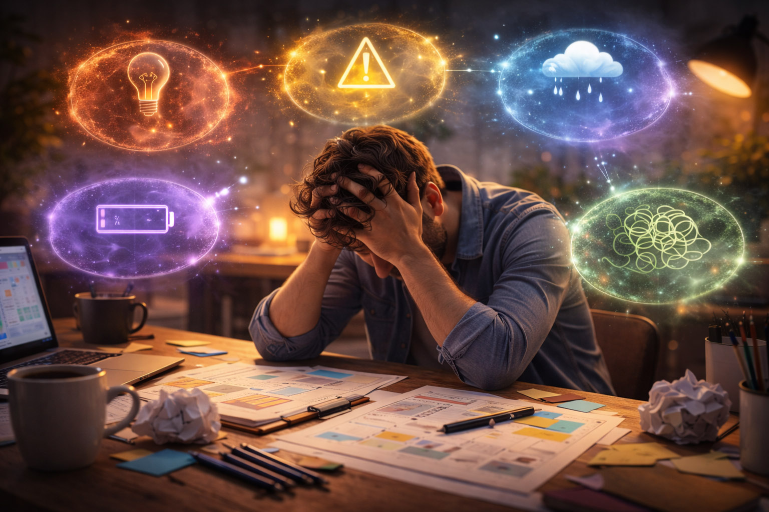 Stressed designer holding their head at a desk, surrounded by icons for burnout, low energy, and tangled thoughts