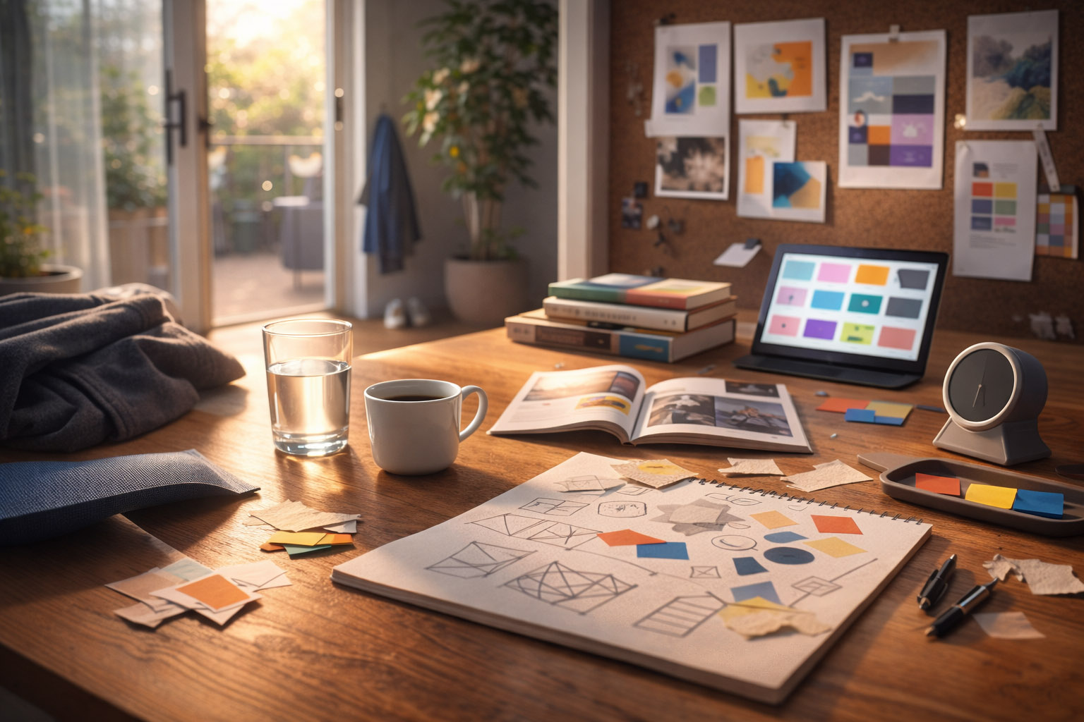 Sunlit desk with sketchbook, books, and color palettes on a tablet, suggesting a creative reset