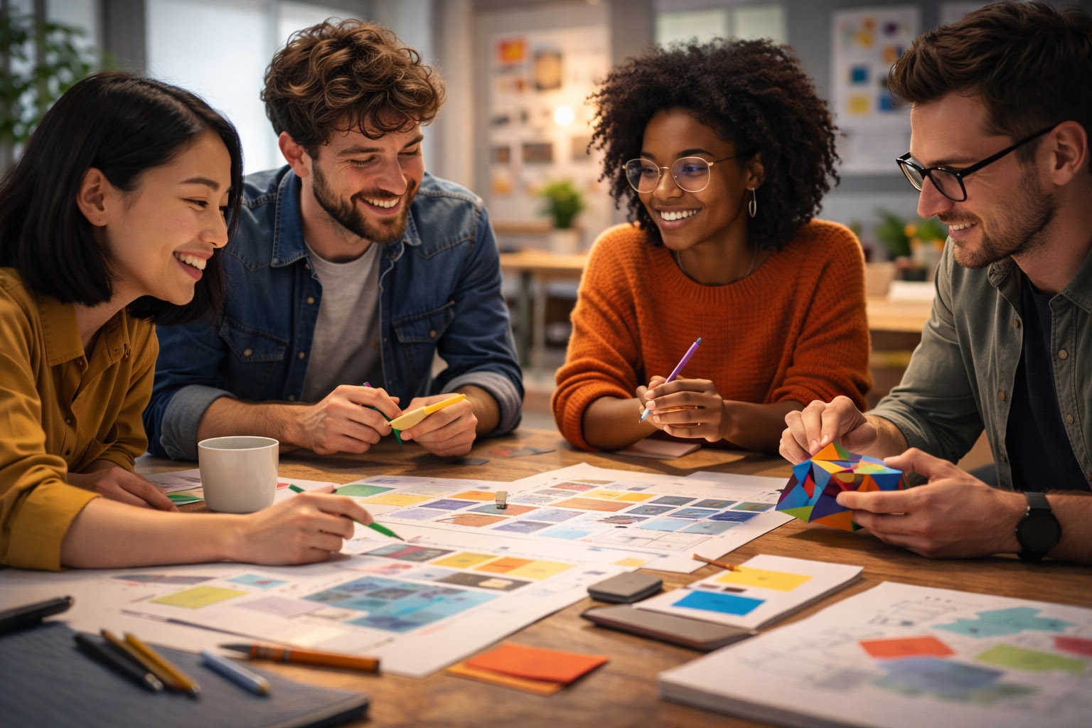 Team of designers collaborating around a table with color swatches and layout sheets