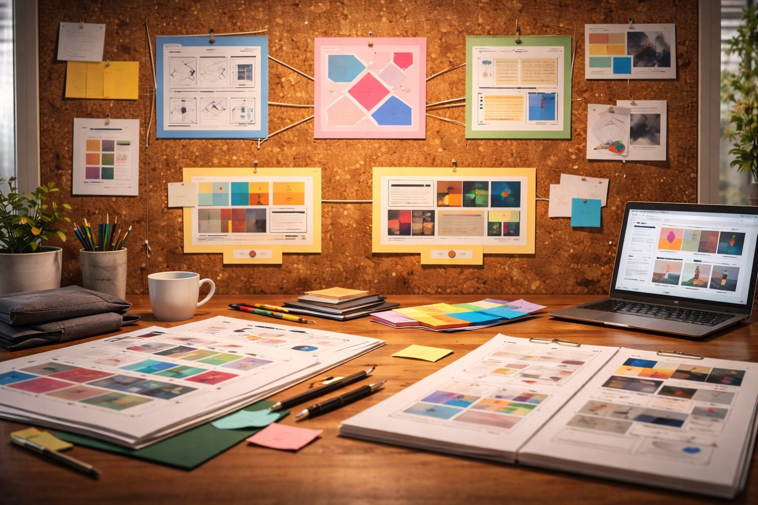 Corkboard wall with pinned design boards connected by strings, plus printed layouts and a laptop on the desk