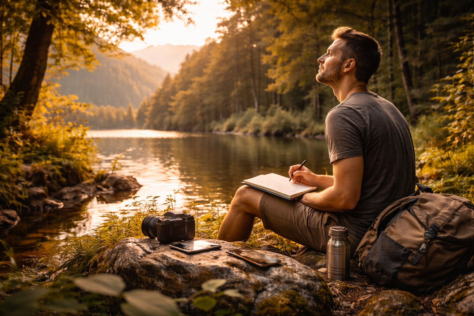 Designer sketching beside a calm river at golden hour.