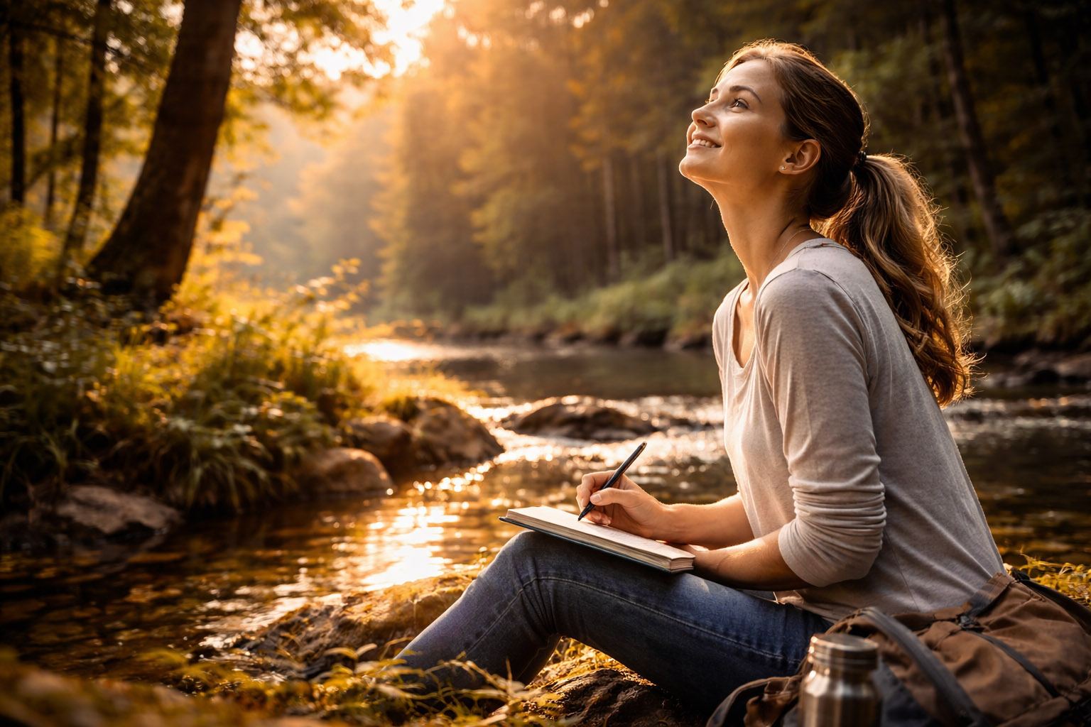 Artist smiling toward the sun while drawing near the water.