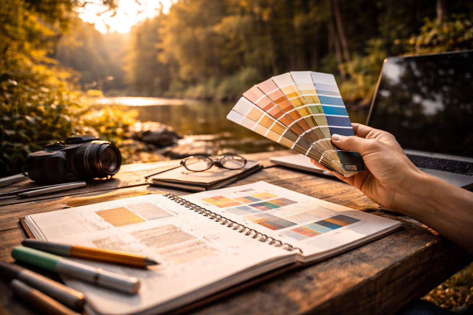Color swatches, sketchbook, and camera arranged on a wooden table outdoors.