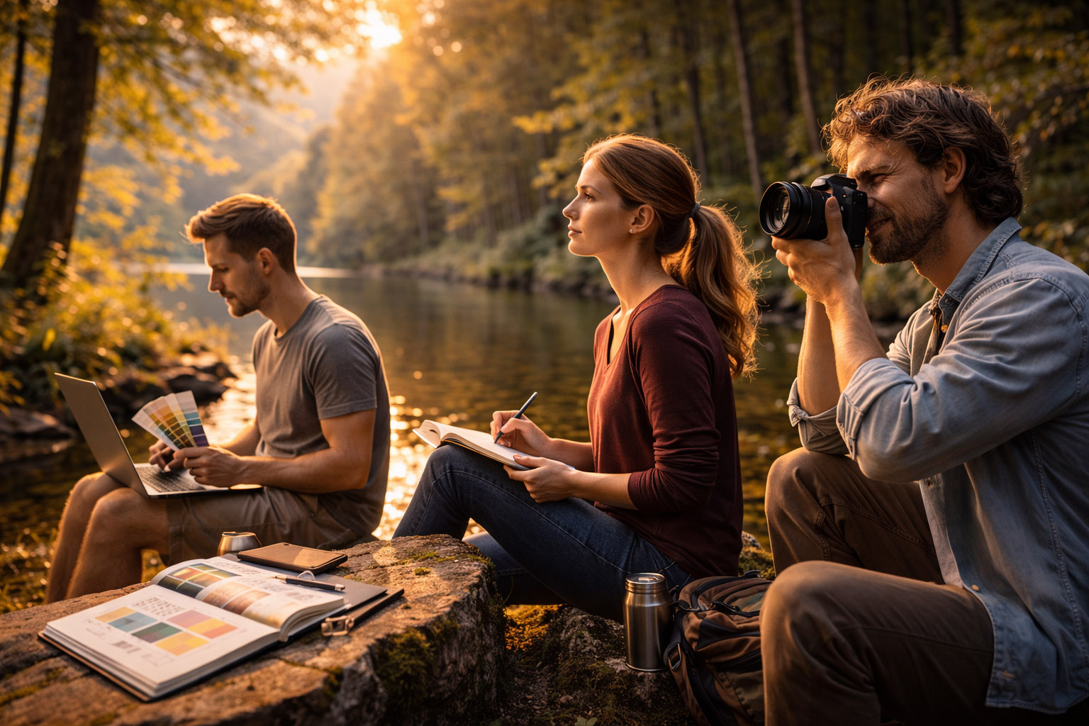 Creative team collaborating by a forest river with notebooks and cameras.