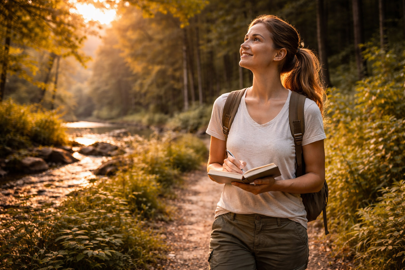 Creative walking a forest trail while taking notes in a journal.