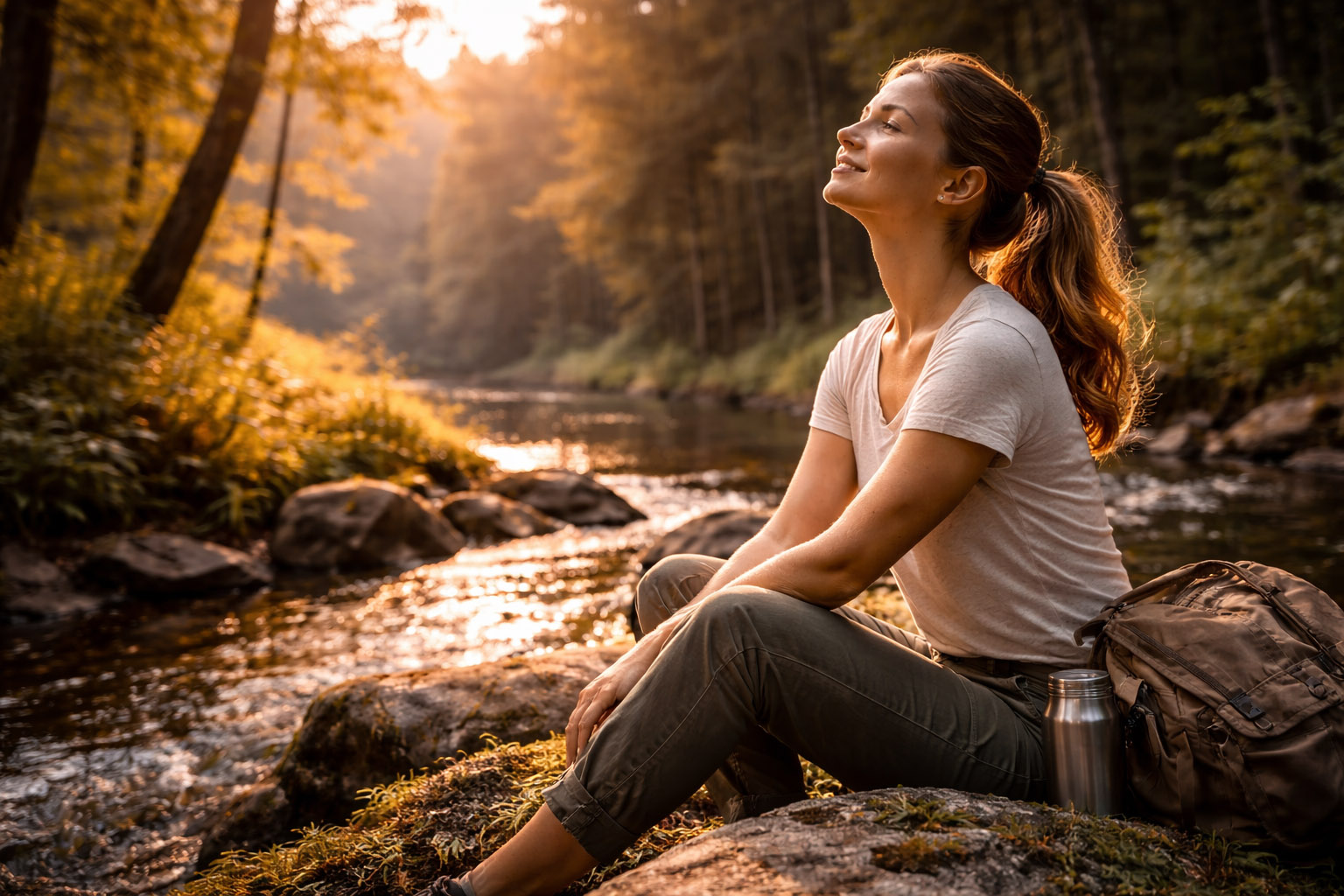 Designer pausing on a riverside rock, eyes closed, soaking in the quiet.