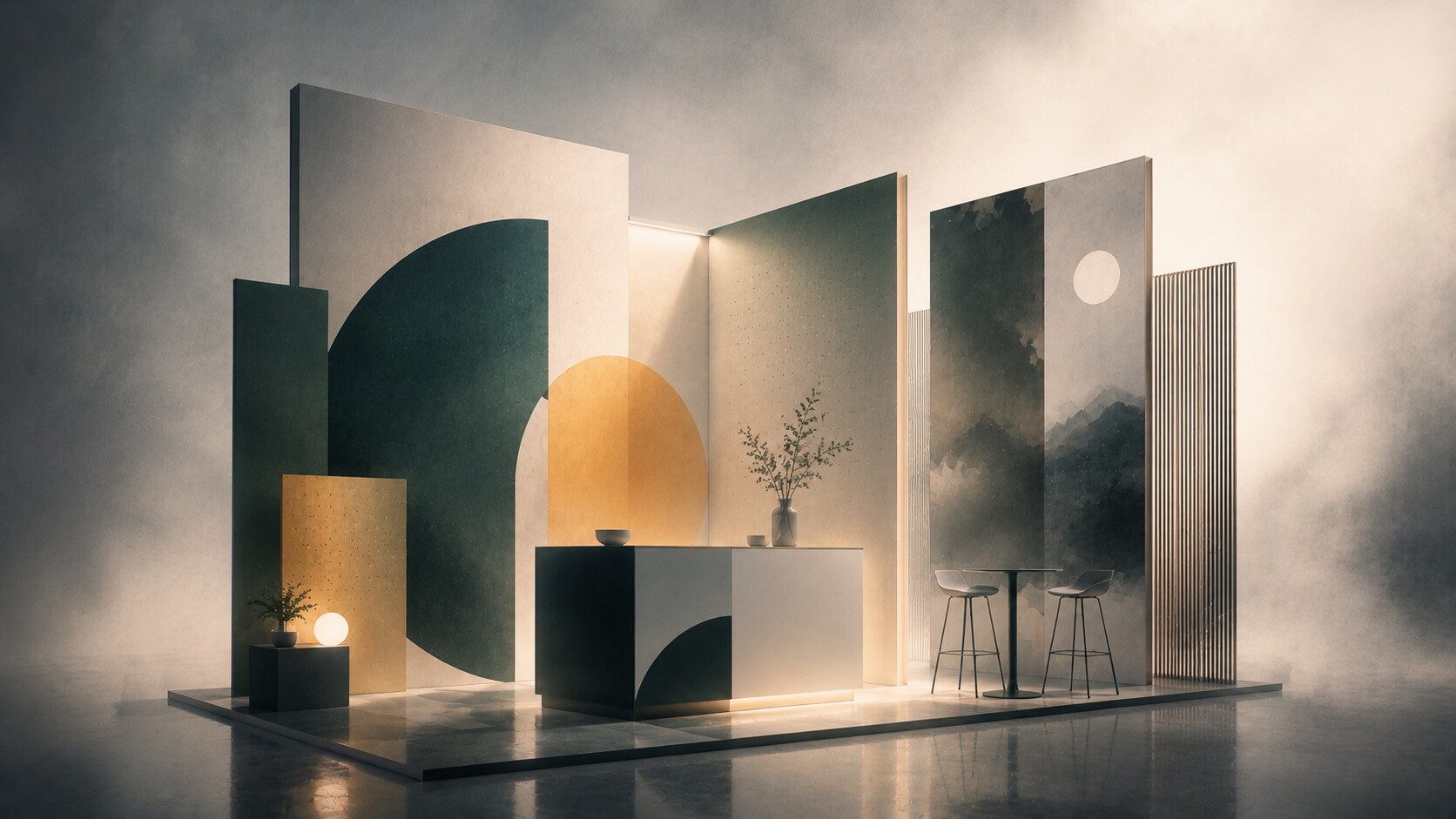 Small inline exhibition stand with a simple back wall, open front, and disciplined graphic hierarchy.