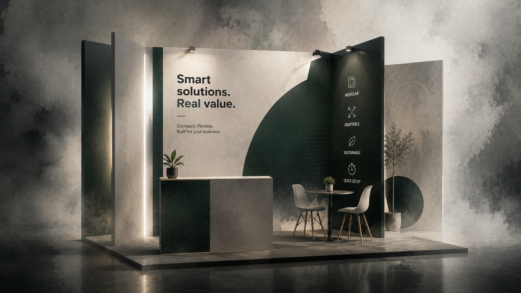 Tool-free modular frame system with textile graphics, slim profiles, and easy assembly for a budget exhibition stand.