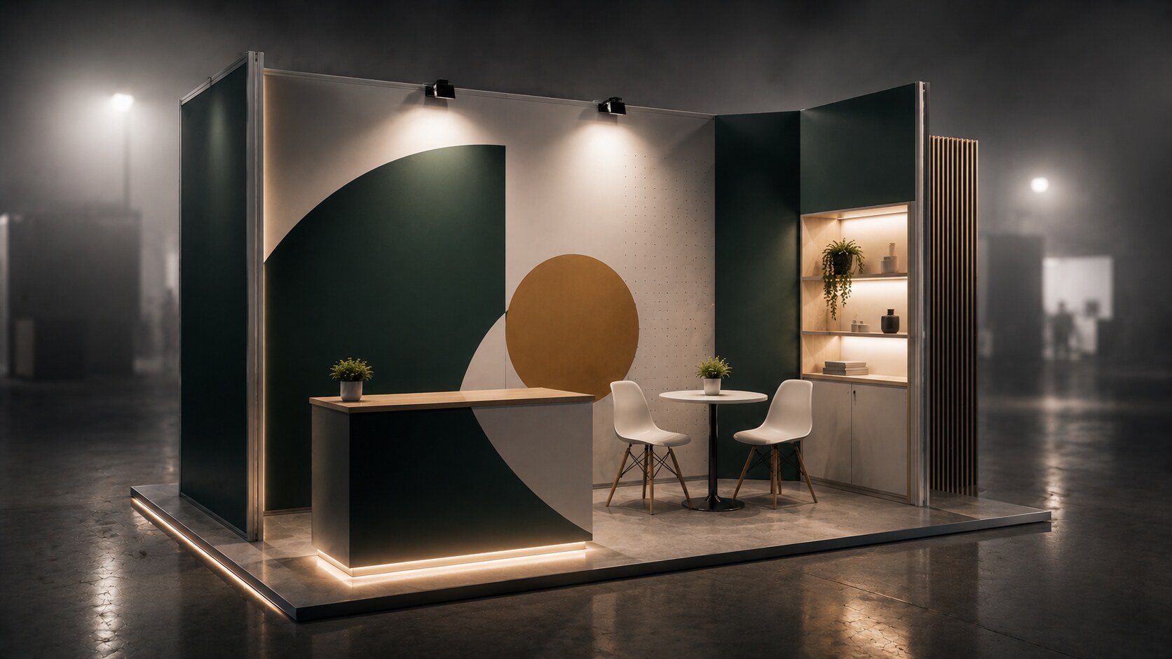 Graphic design concept for a compact booth using one hero message, one image, and strong contrast.