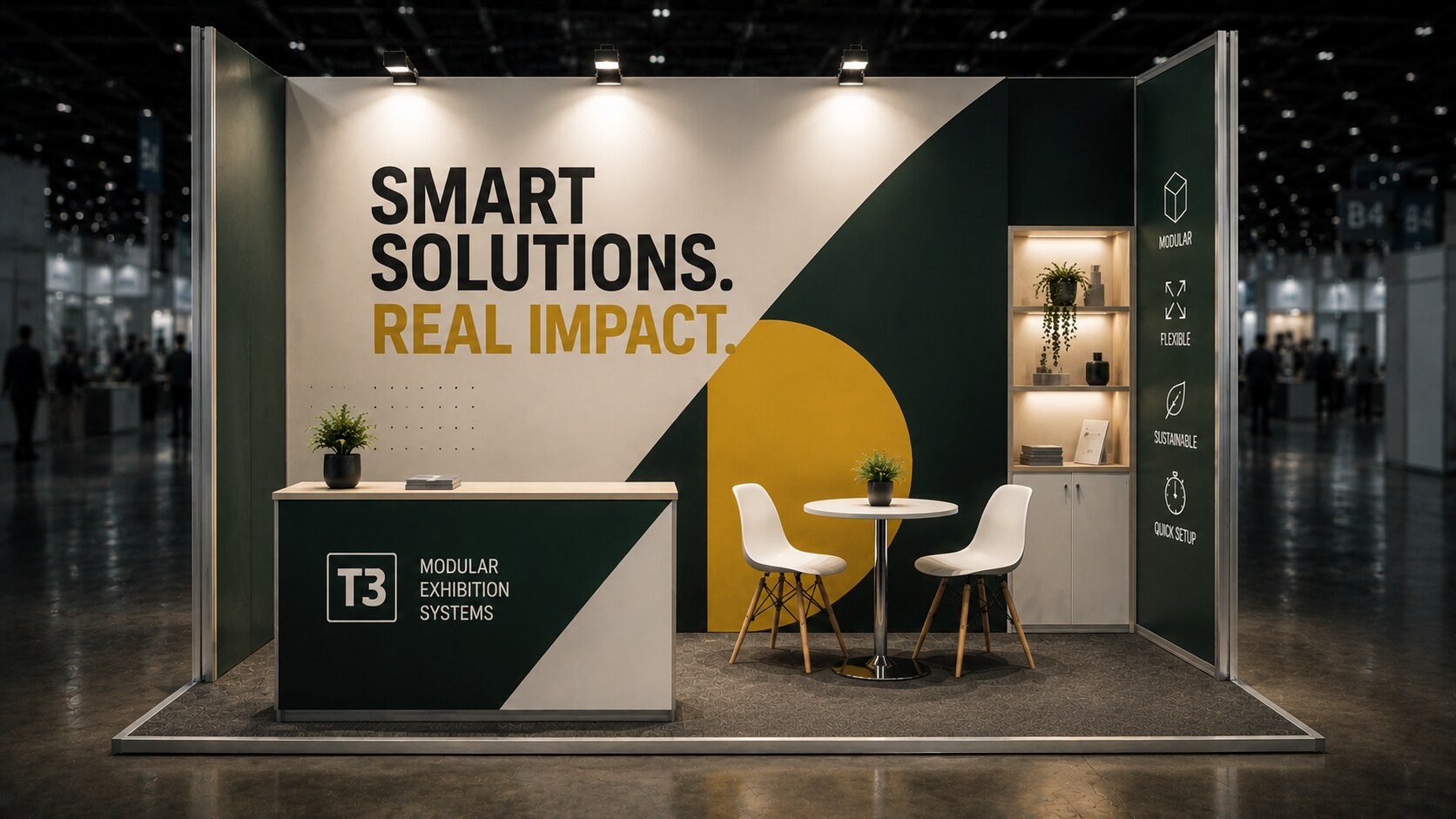 Compact booth standing out through lighting, contrast, and one visible live interaction in a hall of larger stands.
