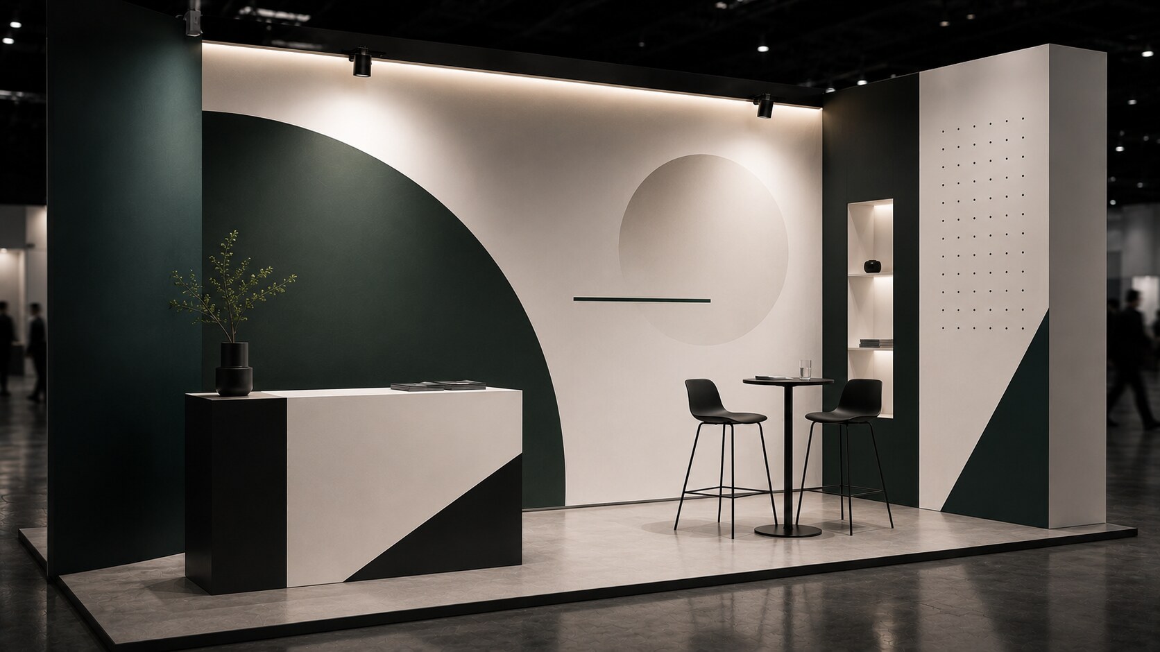 Visitors comfortably talking inside a small booth that feels open, warm, and more approachable than a large corporate pavilion.