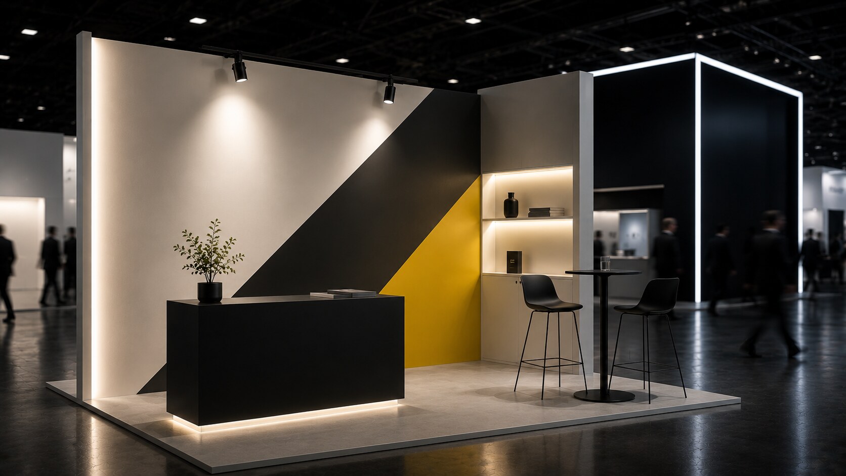 Low-budget stand with one playful hidden detail, small demo moment, and inviting hospitality touch.