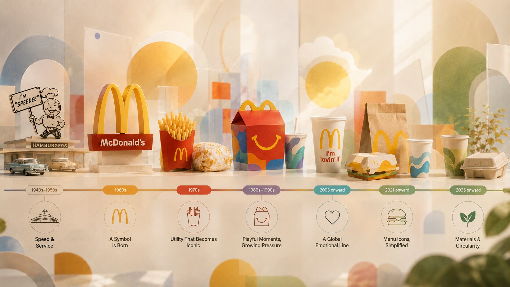 Timeline of McDonald's branding and packaging evolution from Speedee and Golden Arches to modern packaging and sustainability-focused design.