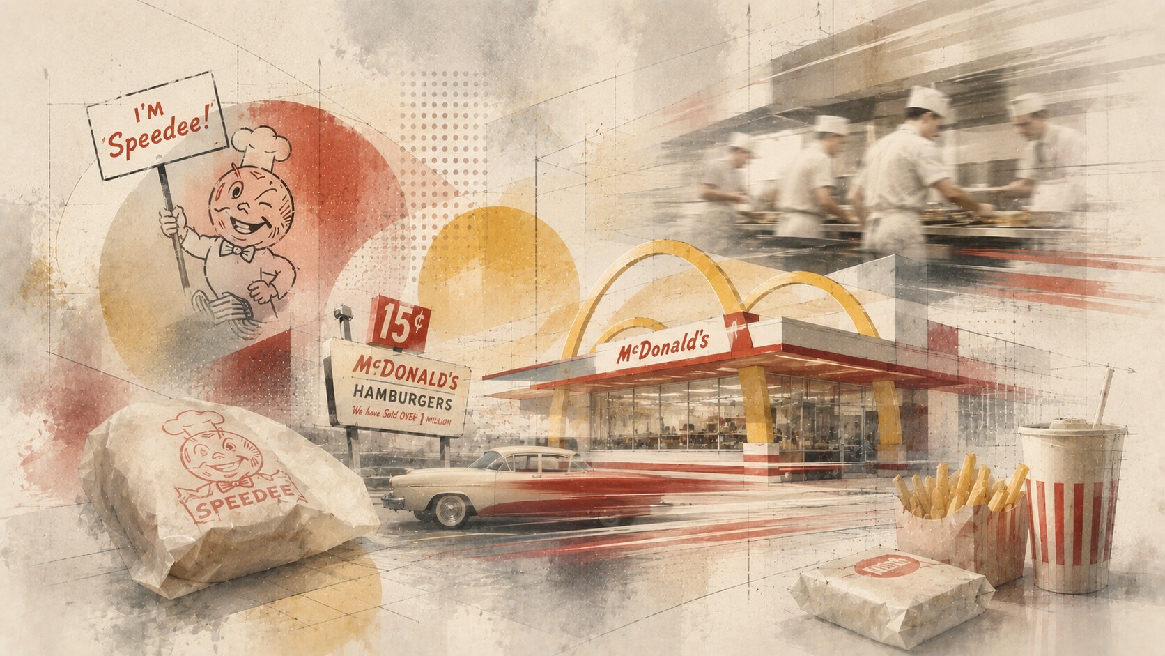 Early McDonald's restaurant identity with Speedee service logic, roadside arches, simple wrappers, and fast-service branding.