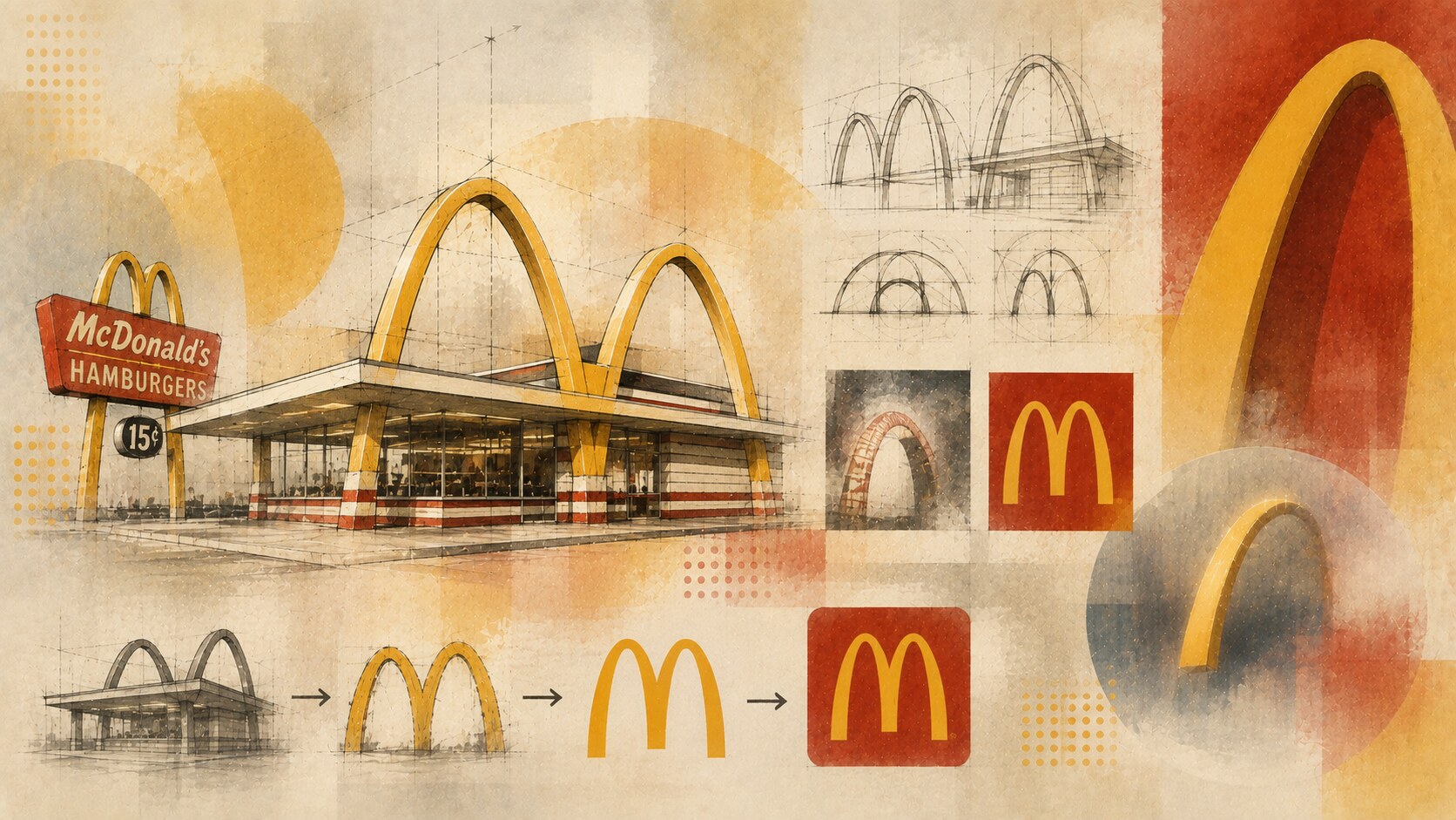 Golden Arches evolution from roadside restaurant architecture into the McDonald's M logo and global brand symbol.