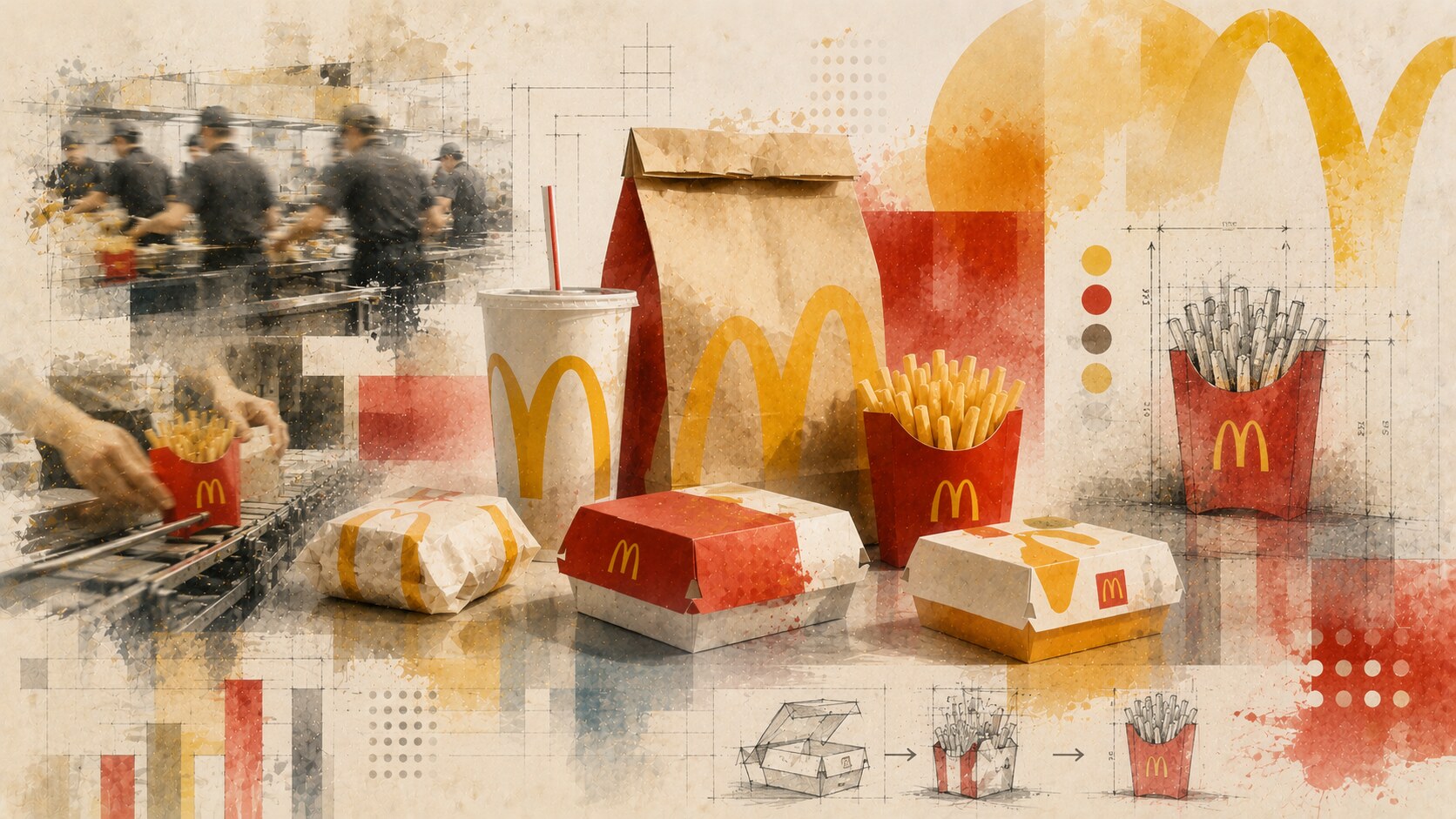 McDonald's classic packaging system with fry boxes, wrappers, bags, cups, and fast restaurant workflow needs.