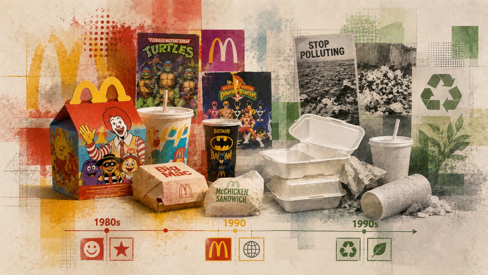 McDonald's packaging from the 1980s and 1990s with foam containers, Happy Meal graphics, character branding, and environmental pressure.