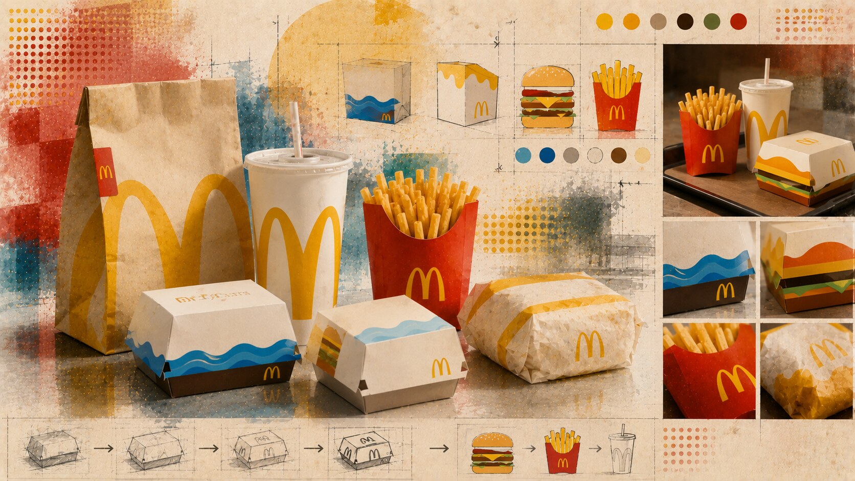 Modern McDonald's packaging redesign with minimal menu illustrations, bright graphics, fry box details, cups, bags, and wrappers.