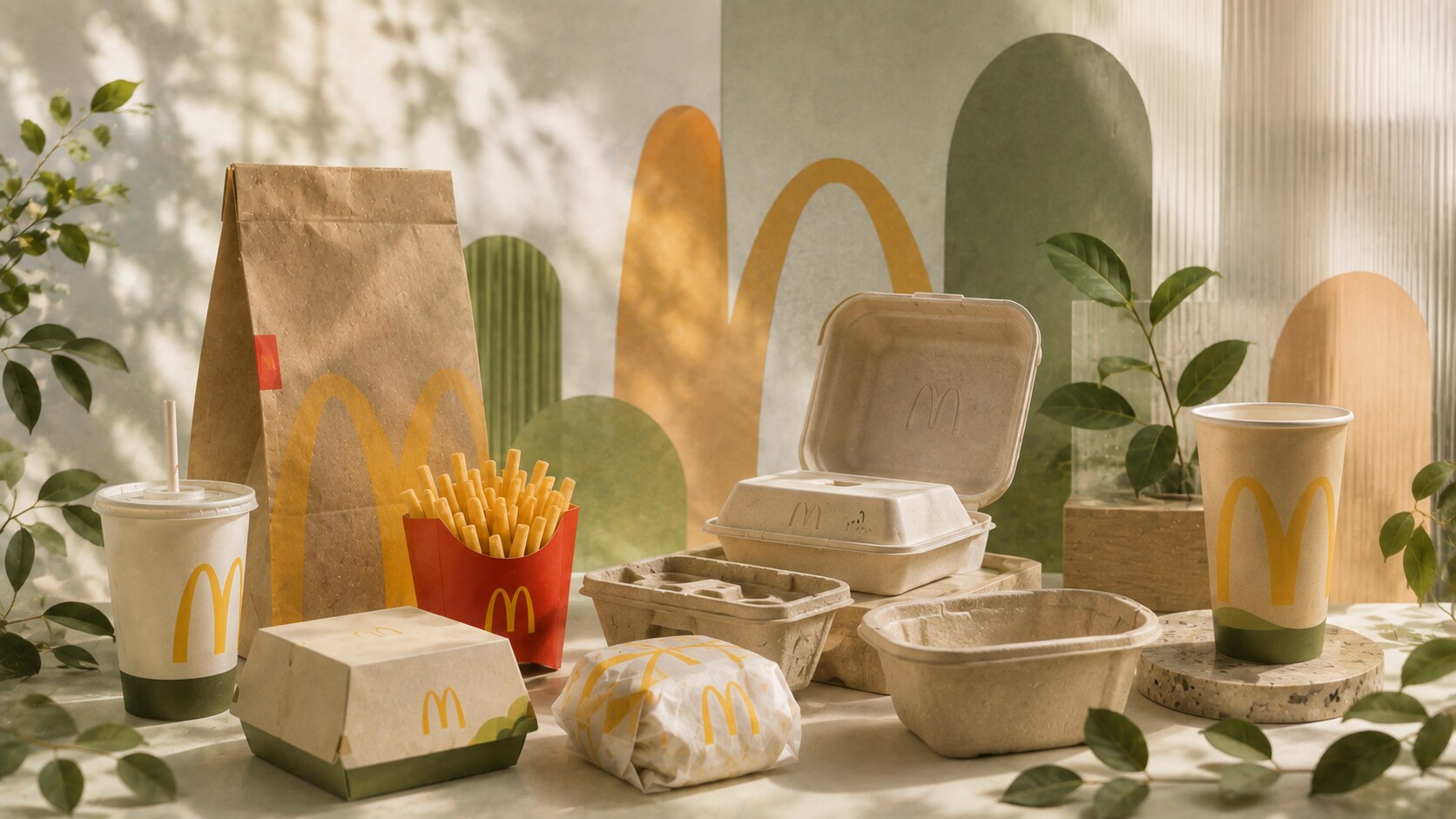 McDonald's sustainable packaging materials with fiber-based boxes, paper bags, recyclable cups, molded fiber, and waste-sorting systems.