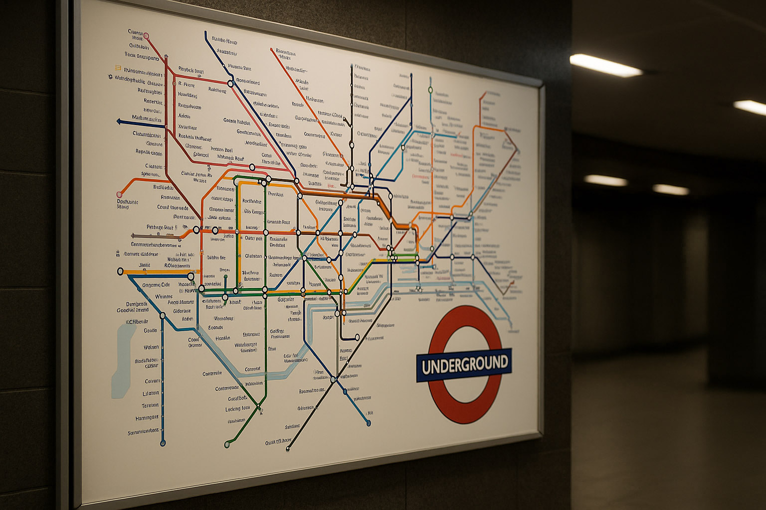 London-style schematic tube map that prioritizes line structure and transfer nodes over geography