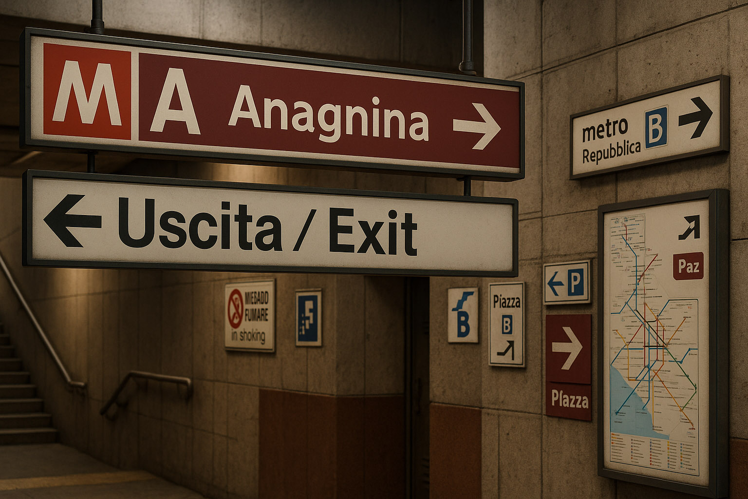 Example of confusing metro wayfinding where sign hierarchy and rules are inconsistent