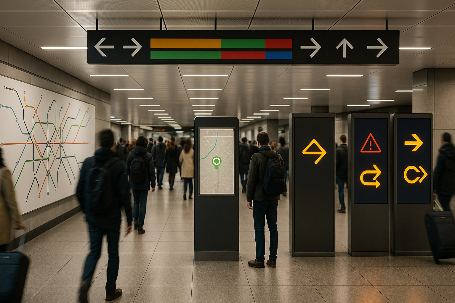 Metro corridor wayfinding with large directional arrow signs and a line map