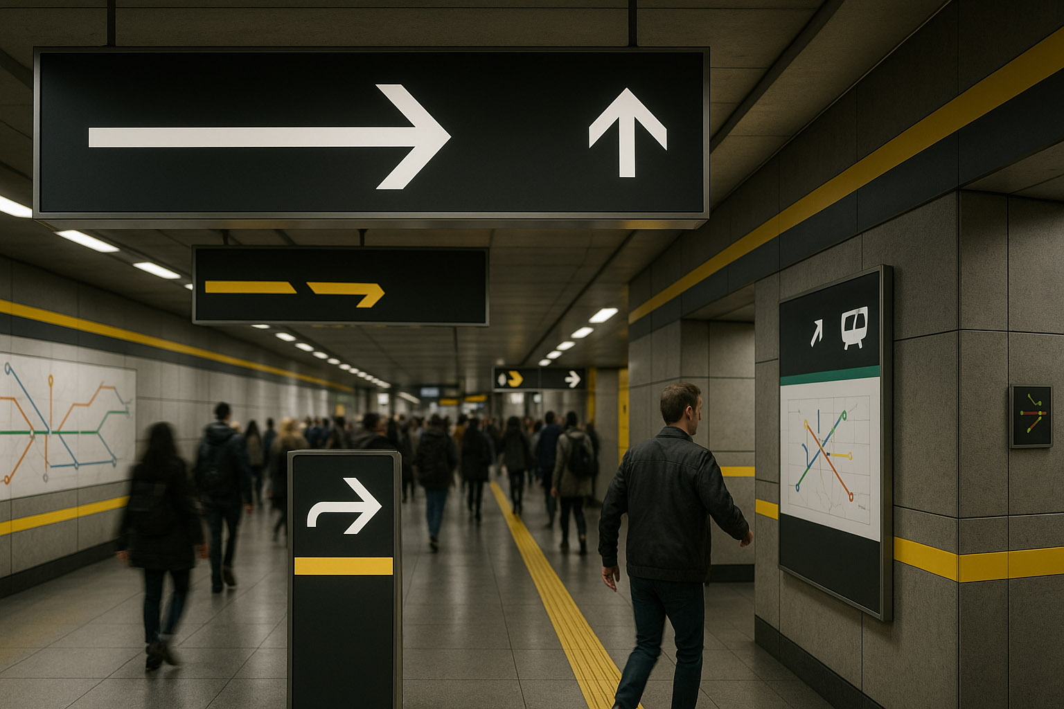 Overhead metro signage with line colors, arrows, and information kiosks in a busy concourse