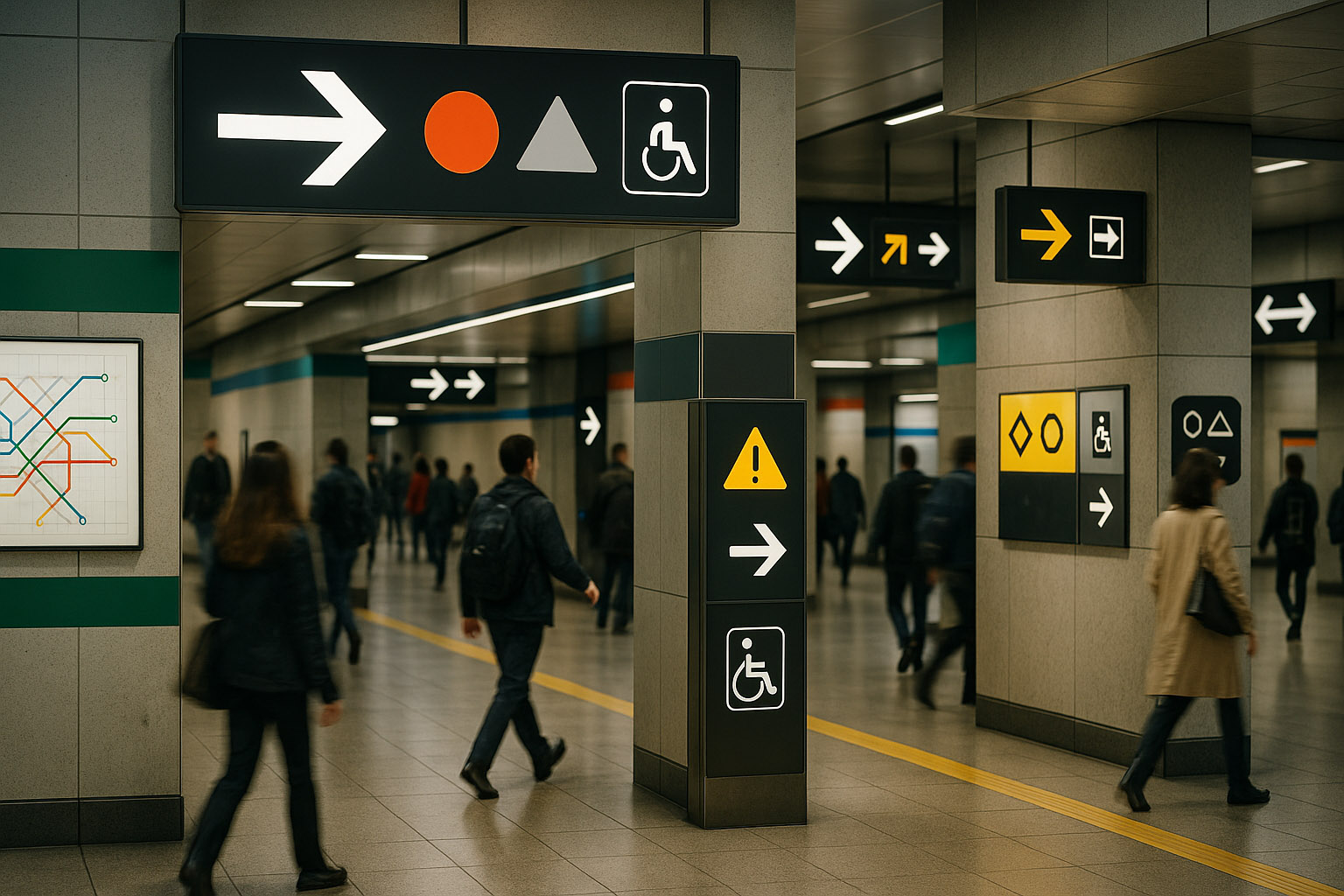 Wayfinding design desk with metro diagram sketches and accessibility pictograms