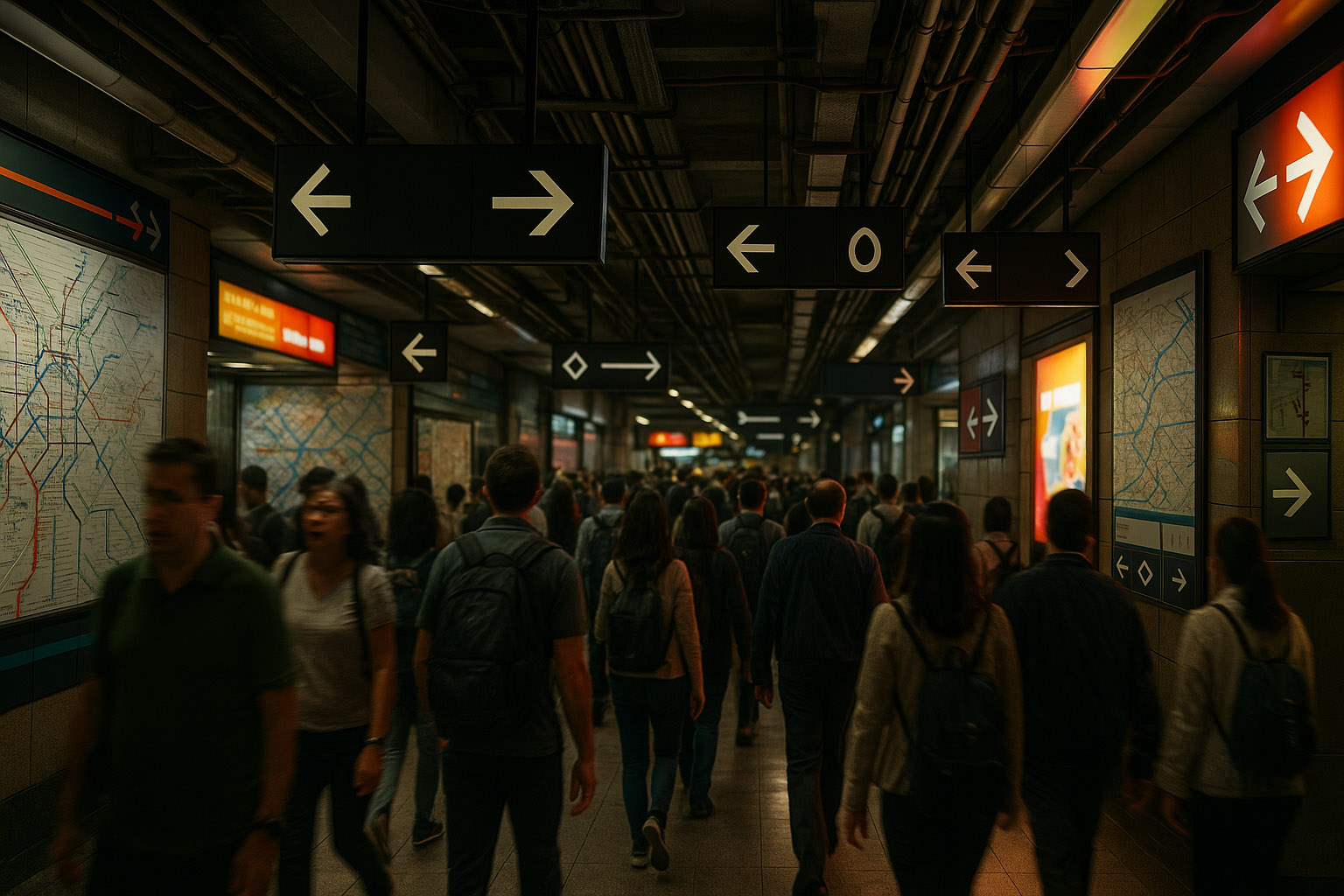 Crowded metro interchange with repeated directional arrow signs and maps