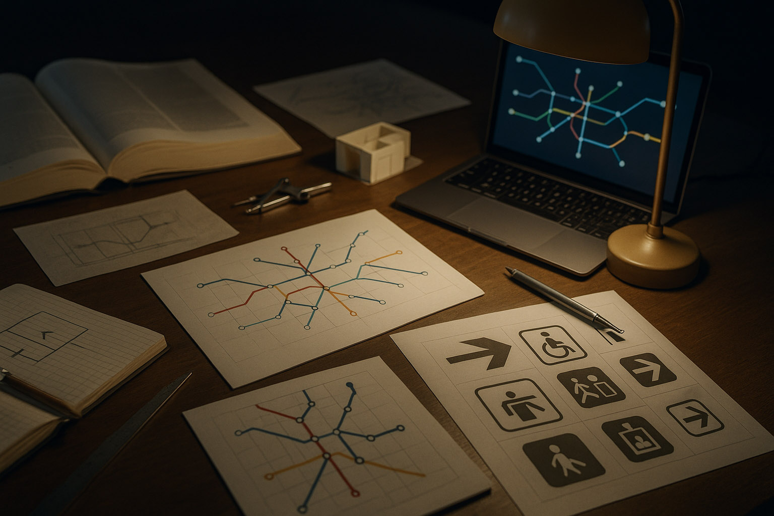 Metro station junction with high-contrast arrows, icons, and accessibility signage