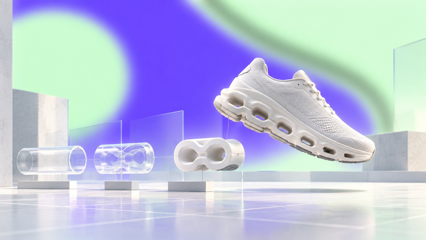 On running brand identity showing Olivier Bernhard's garden-hose prototype, CloudTec soles, Raffinerie graphics and modern Swiss retail design.