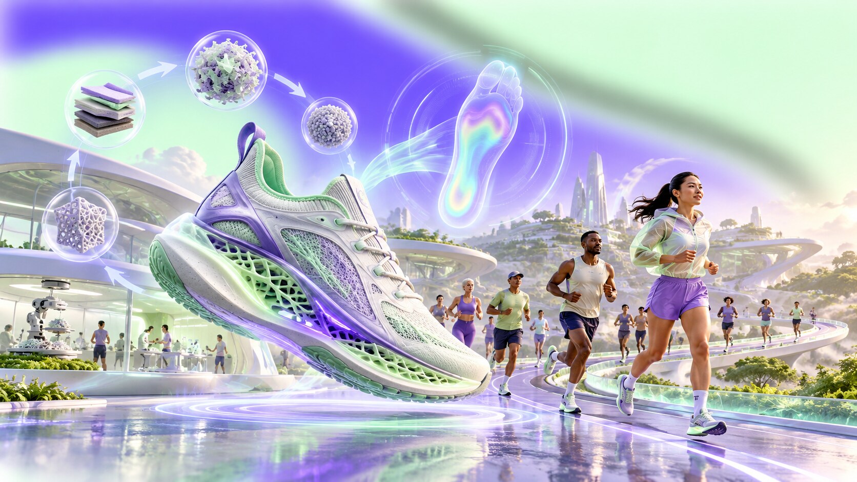 Future running shoe branding with regulated supershoes, recyclable materials, personalized fit, community events and digital product identities.