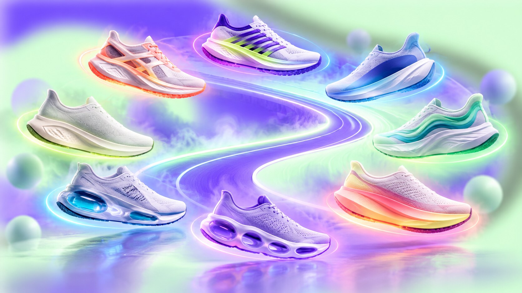 Eight famous running shoe brands compared through side logos, sole shapes, typography, colors and recognizable product silhouettes.