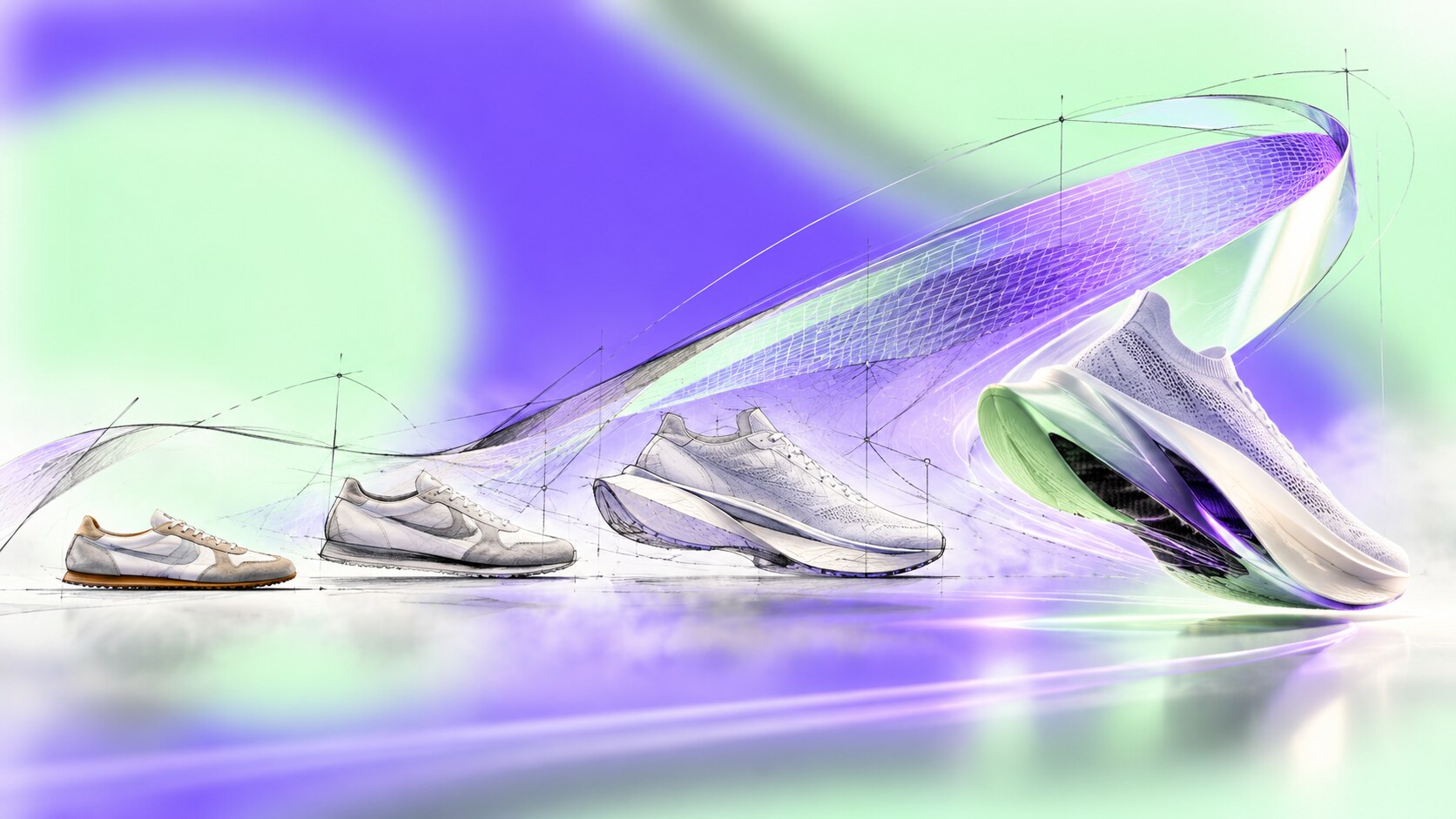 Nike running brand evolution from Blue Ribbon Sports and Carolyn Davidson's Swoosh sketches to Vaporfly racing shoes and modern campaigns.