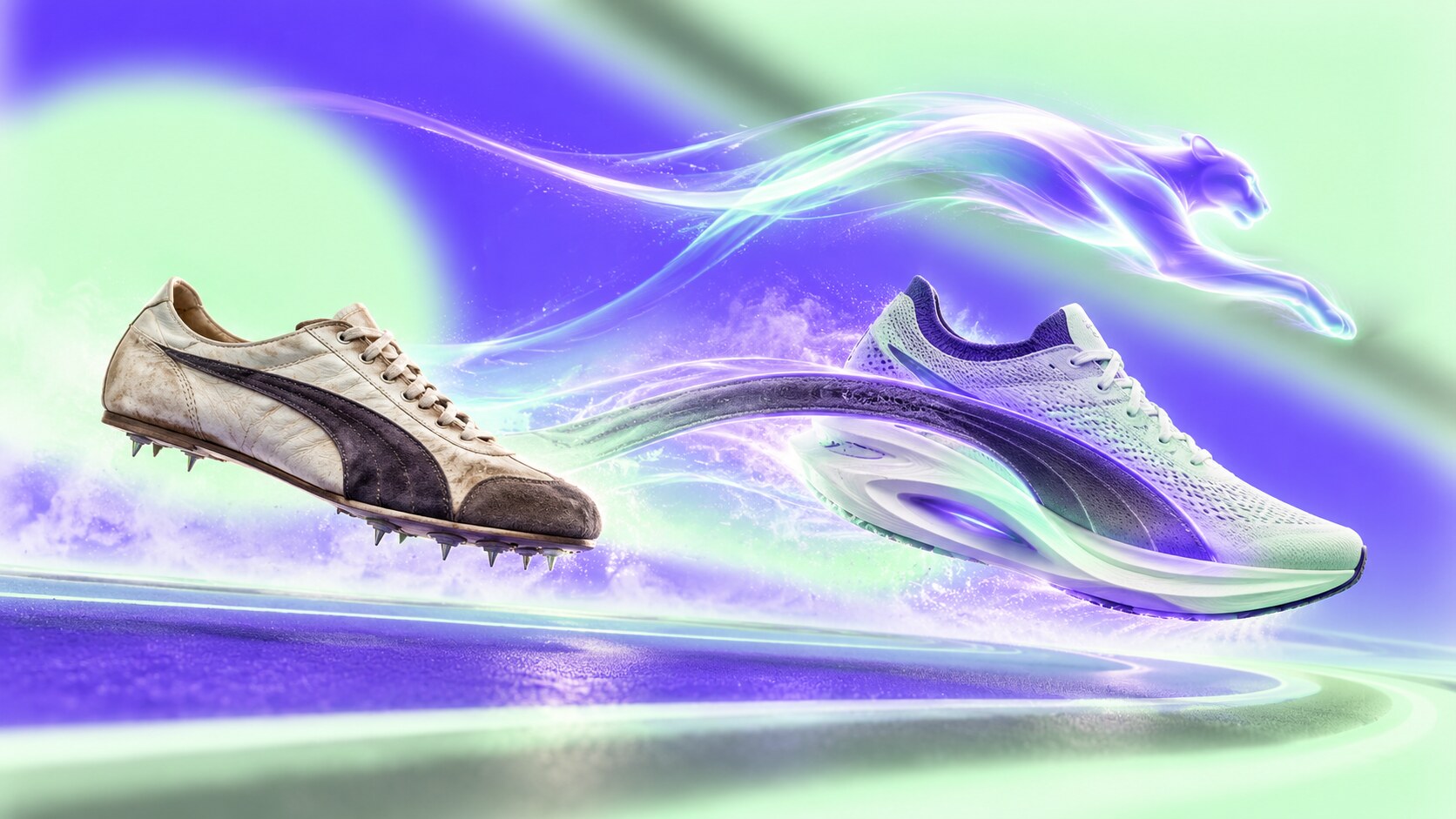 PUMA brand evolution from Rudolf Dassler's early logo through the functional Formstrip and Lutz Backes leaping cat to NITRO running shoes.