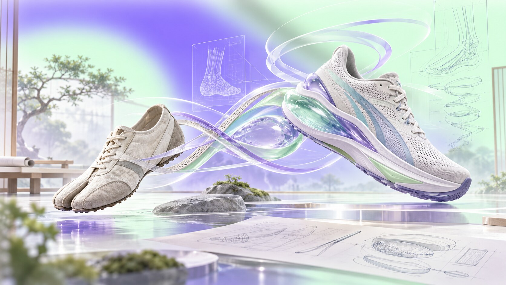 ASICS visual evolution from Onitsuka Tiger stripes to the 1992 spiral logo, GEL technology and GEL-KAYANO running shoe family.