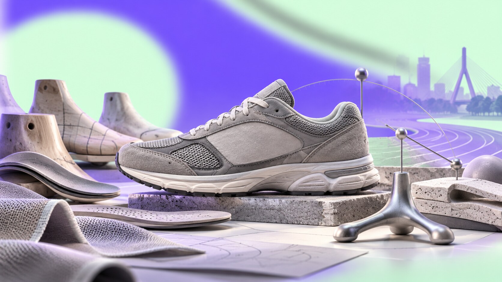 New Balance design history showing William Riley's arch support, Trackster width sizing, Terry Heckler's N logo and grey 990 running shoes.