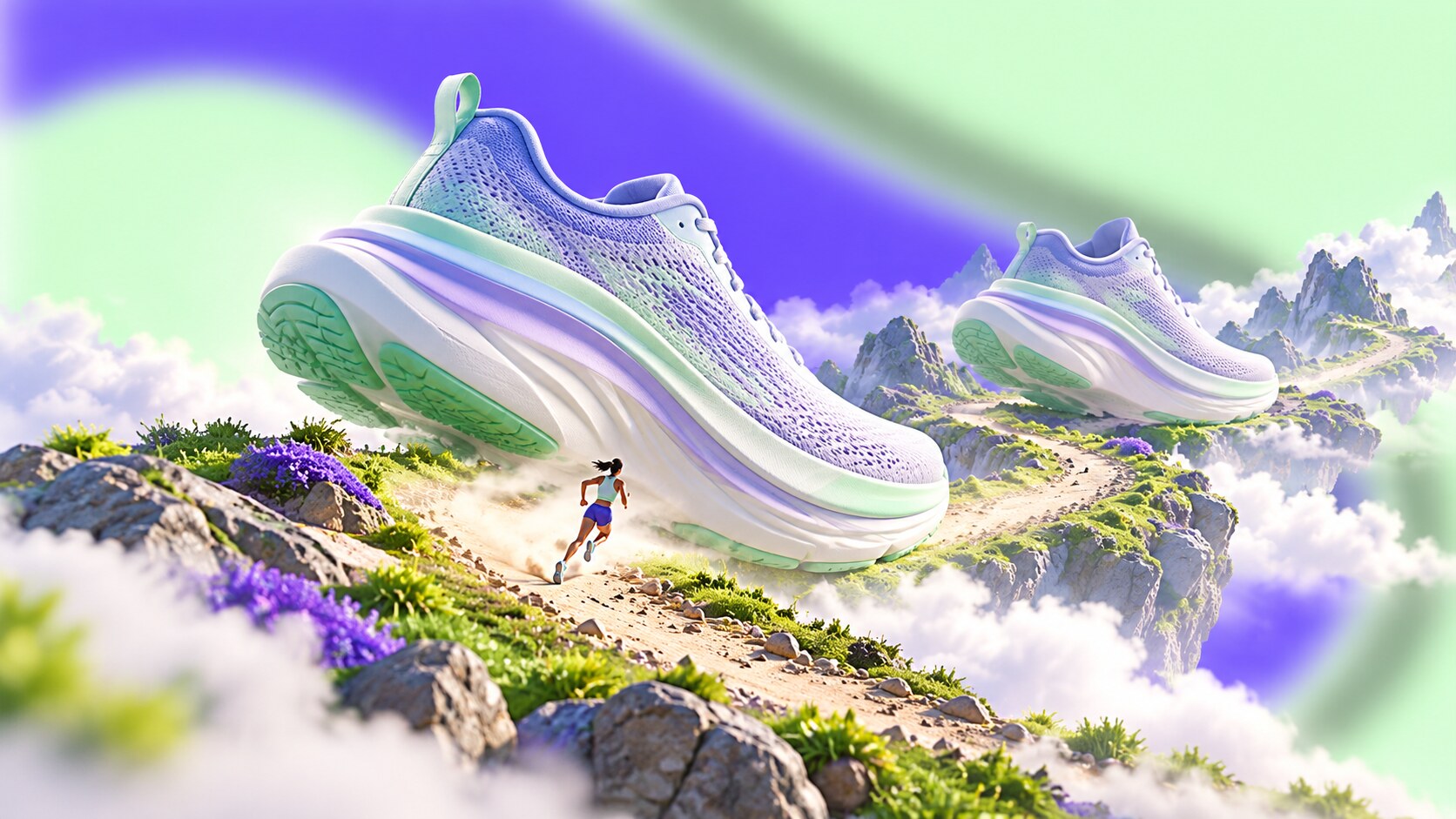 HOKA brand story from oversized trail prototypes by Nicolas Mermoud and Jean-Luc Diard to colorful maximalist soles and Fly Human Fly campaigns.