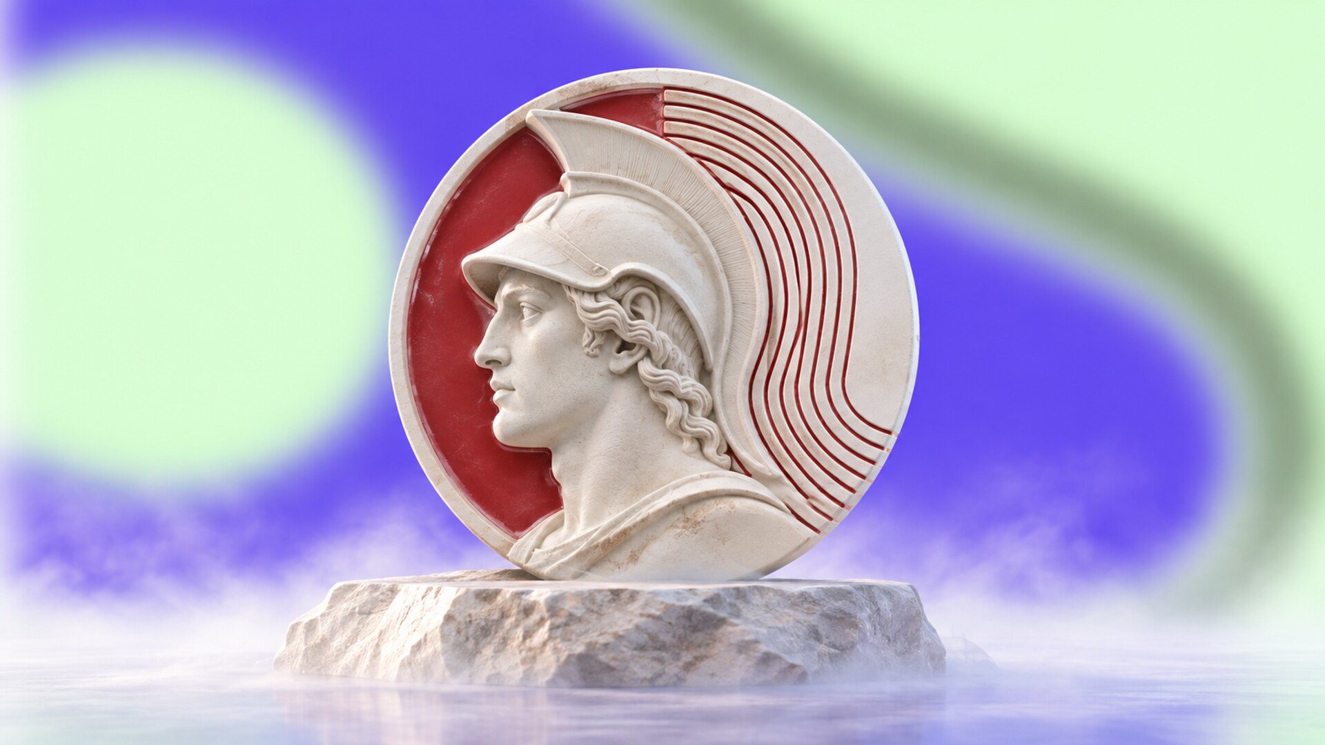 A classical Greek hero profile medallion combining detailed stone relief with eleven clean red lines.