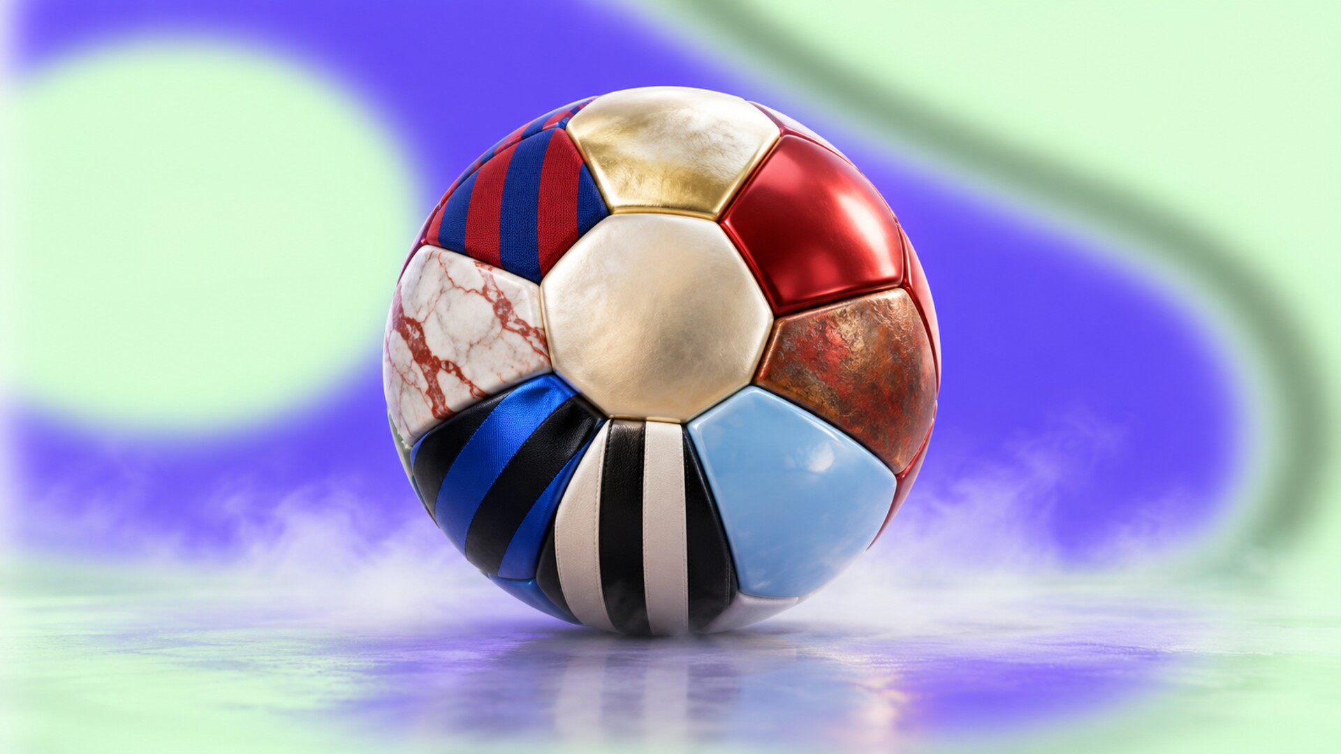 One football assembled from eight large panels with distinct colors and materials inspired by historic club identities.
