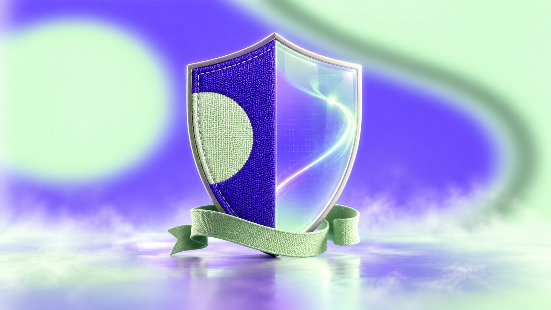 A single football shield transitioning from embroidered cloth to a translucent digital surface above sustainable fabric ribbon.