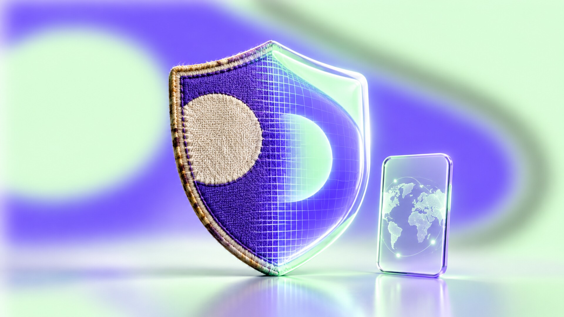 A tactile embroidered football shield transforming into a luminous digital badge beside a small glass screen.