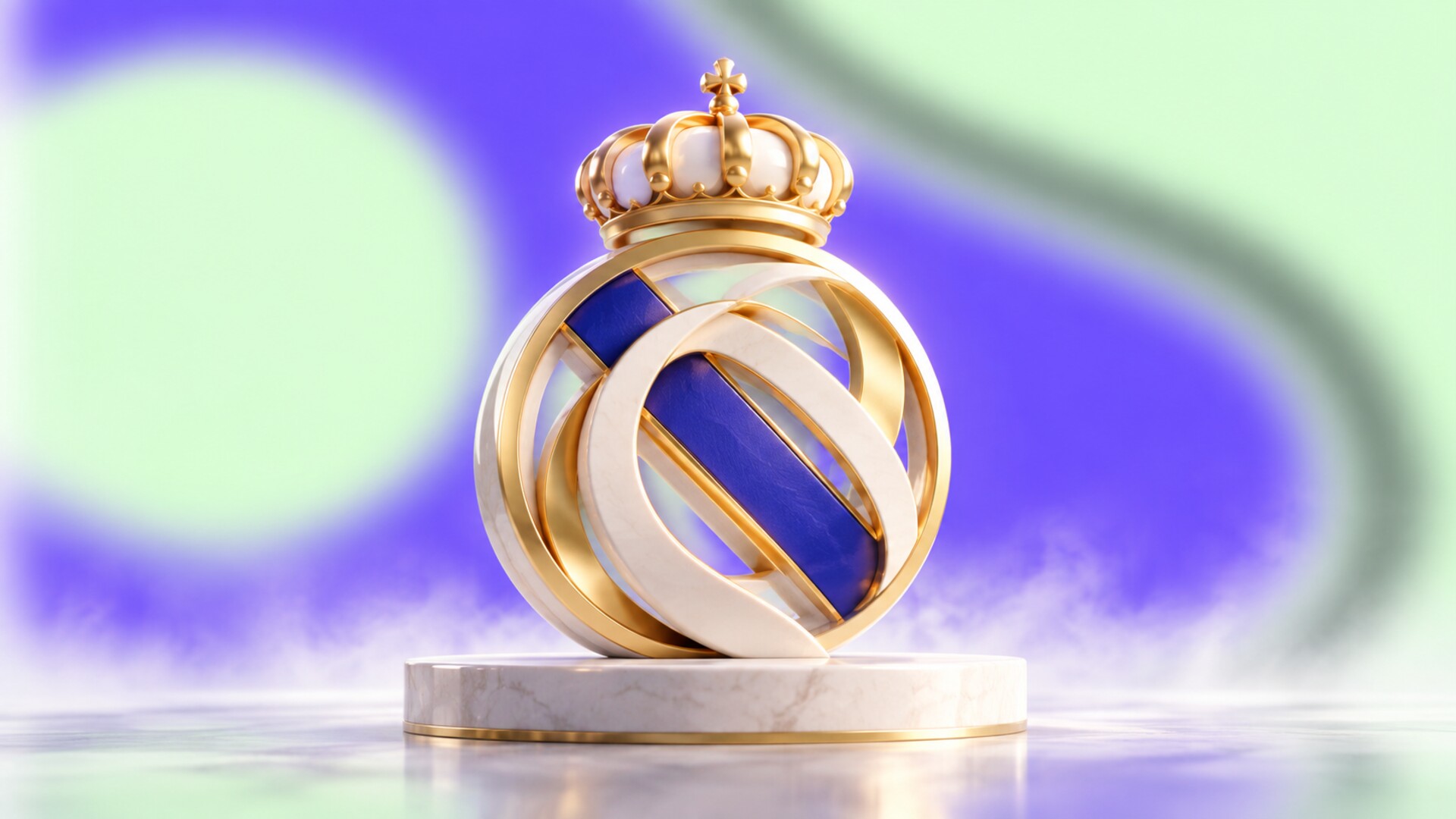 A crowned circular sculpture of intertwined ivory and gold ribbons crossed by a diagonal blue band.