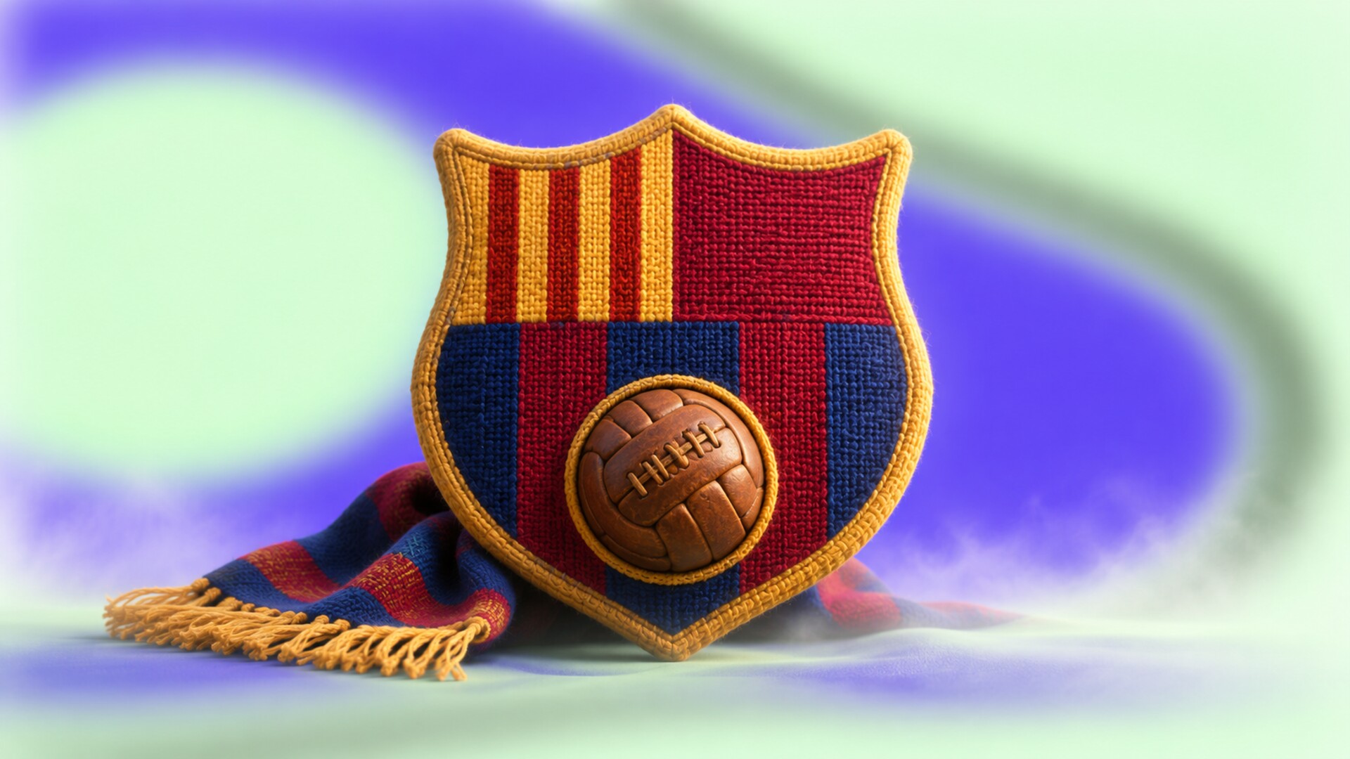 A woven red, blue, and gold football shield with a vintage leather ball and folded supporter scarf.