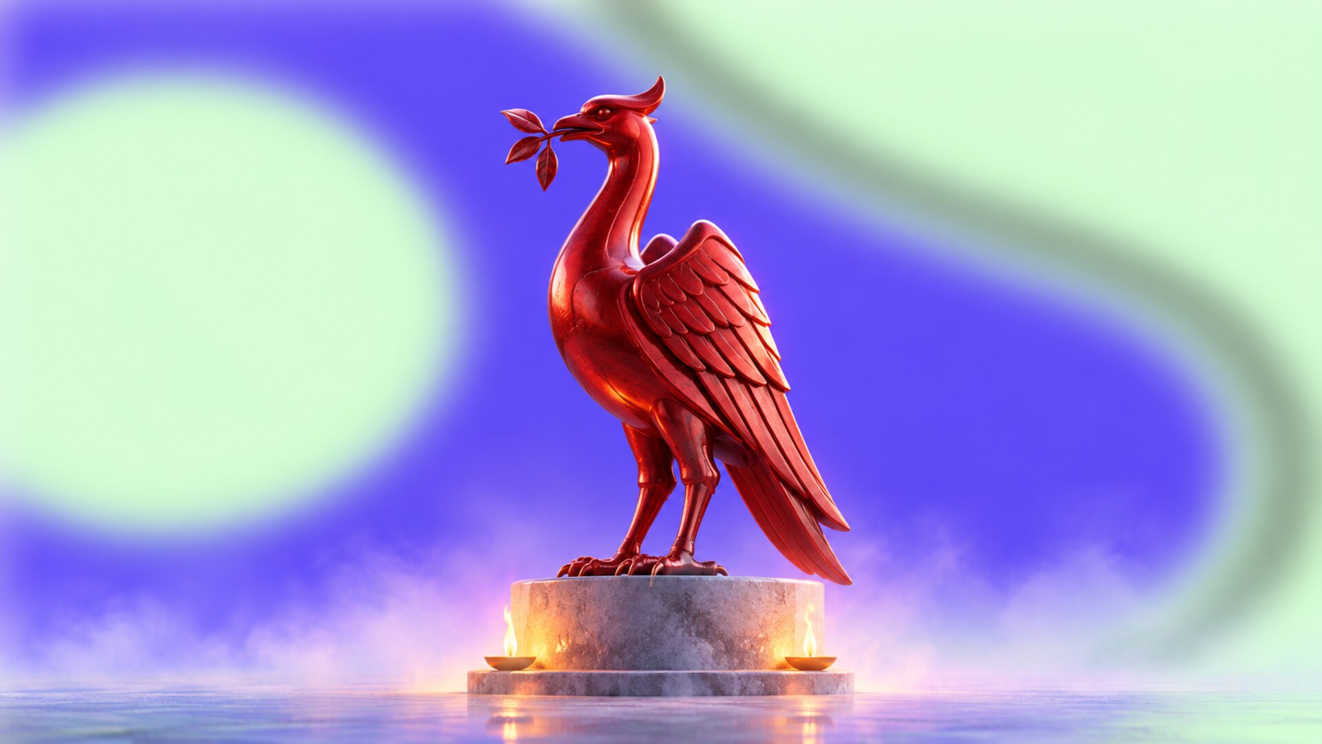 A polished red Liver Bird-inspired sculpture standing above two subtle memorial flames.
