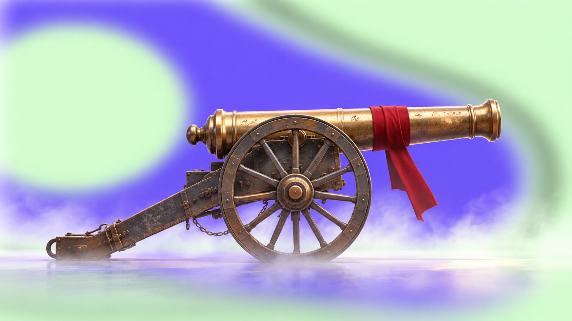 A historic brass cannon in side profile with a restrained red fabric band around its barrel.
