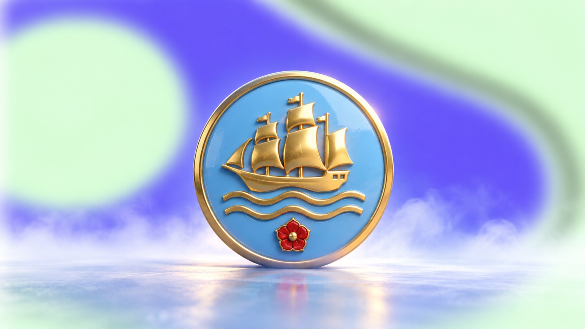 A round sky-blue enamel medallion bearing a golden sailing ship, flowing waves, and a small red rose.