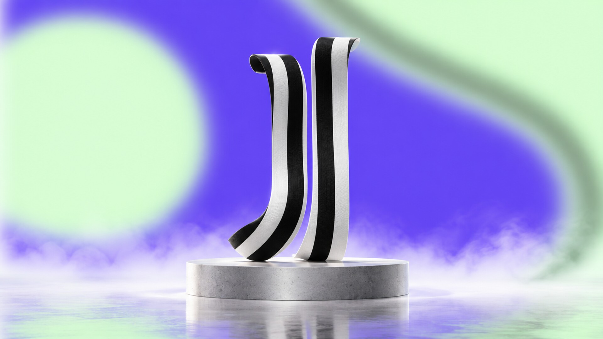 Two tall black-and-white striped ribbons bending into a minimal sculptural football identity.
