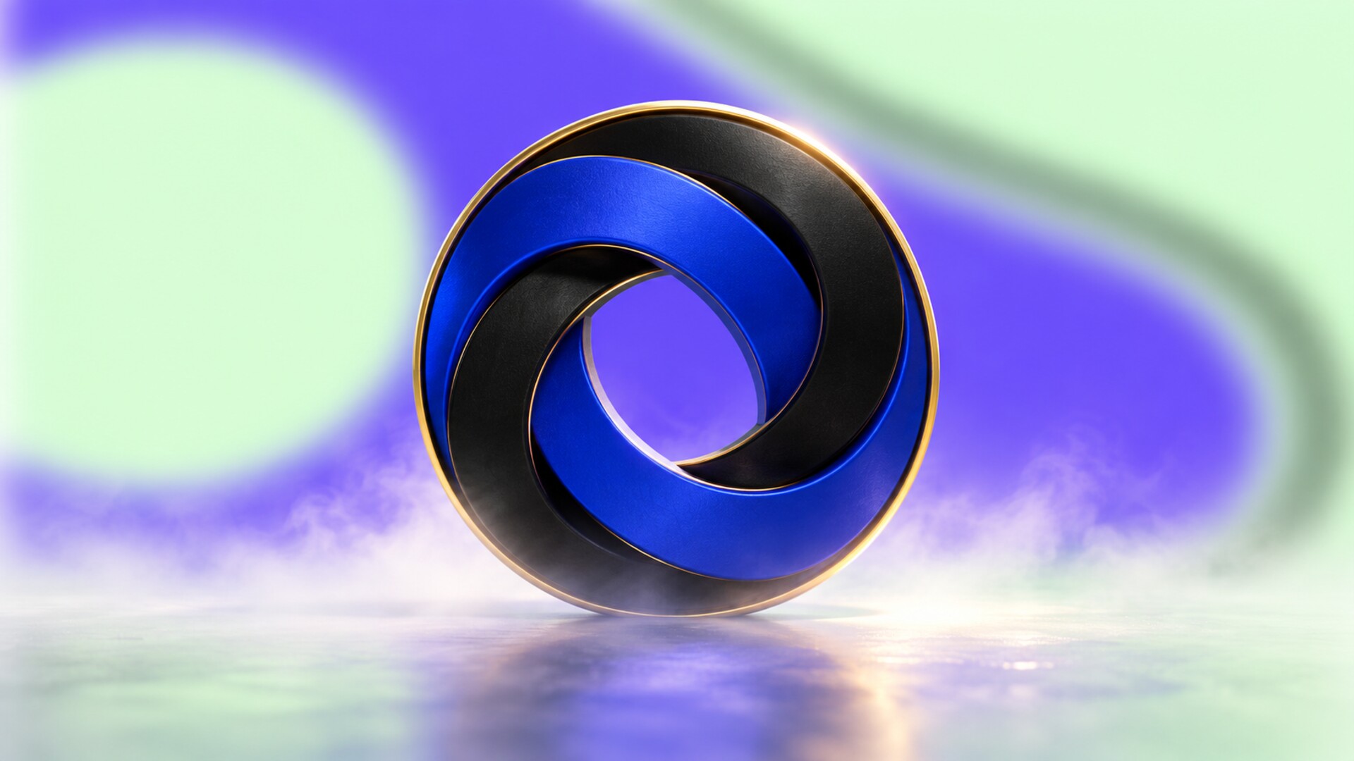 A circular medallion made from two broad intertwined blue and black bands with a fine gold rim.
