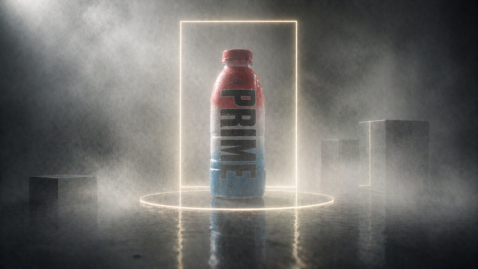 Prime packaging turns bold color, large vertical type, and creator culture into a collectible beverage object.